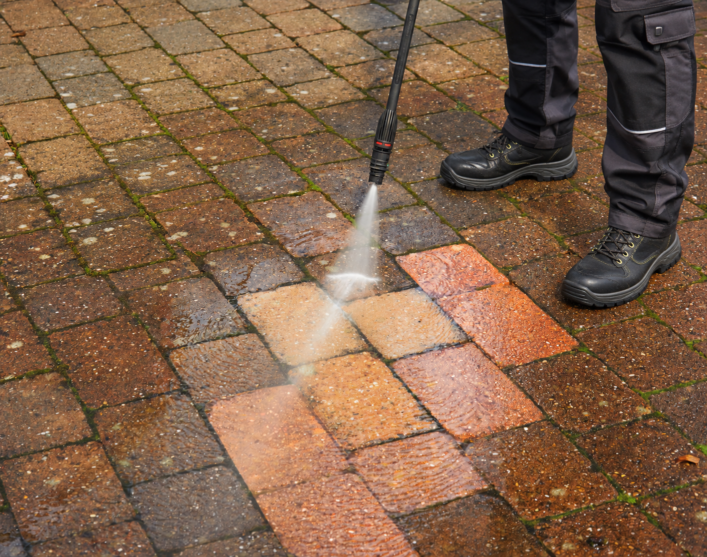 Pressure washing a block-paved outdoor surface
