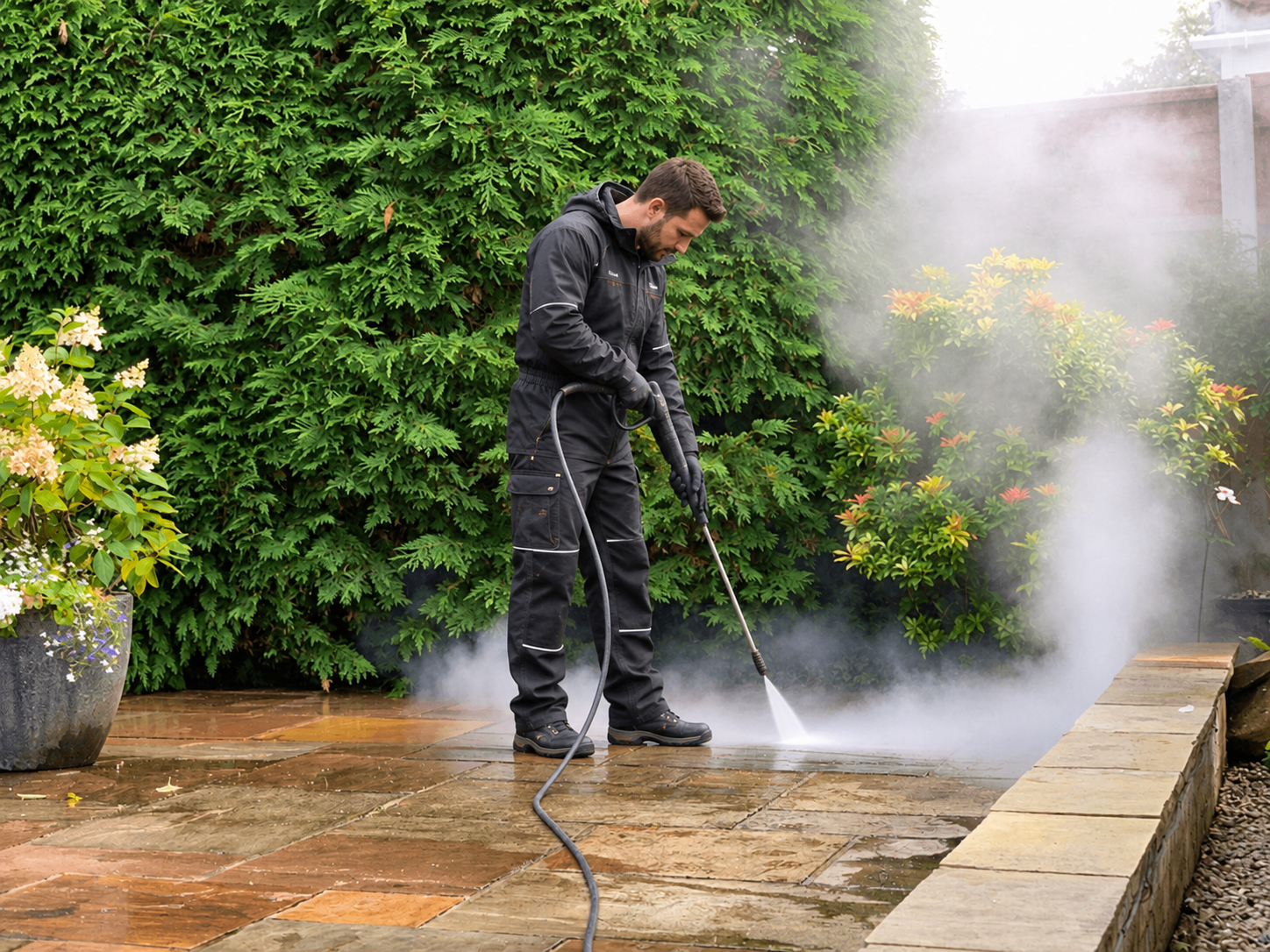 Jet washing a garden patio beside established planting